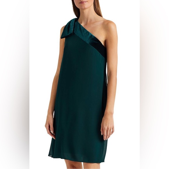 Women’s Green One Shoulder Chiffon & Velvet Lauren Ralph Lauren Cocktail Dress - Picture 1 of 6